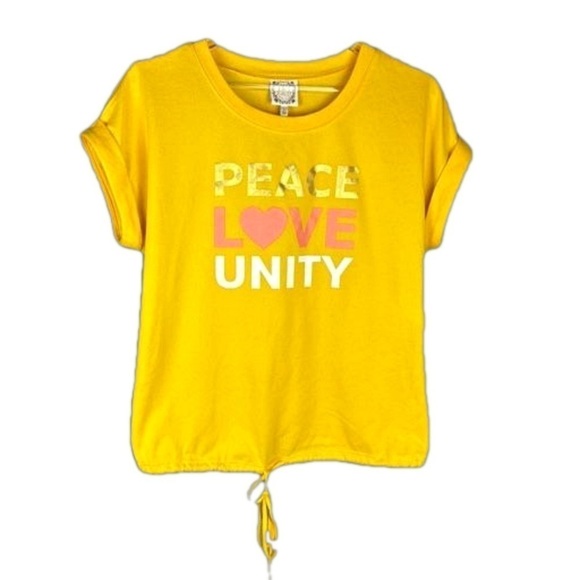 Truself Yellow Short Sleeved Top With “Peace Love Unity” Graphic - Picture 1 of 7